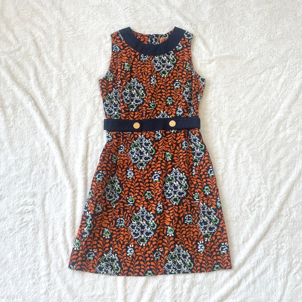 Tory Burch Melanie Shift Dress Orange Navy Linen Botanical Size 8